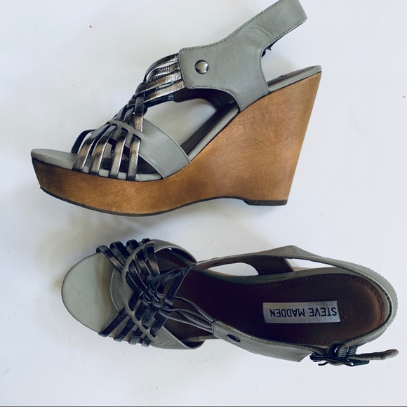 STEVE MADDEN Gray leather Turnpyke wood wedge heel - Picture 2 of 8